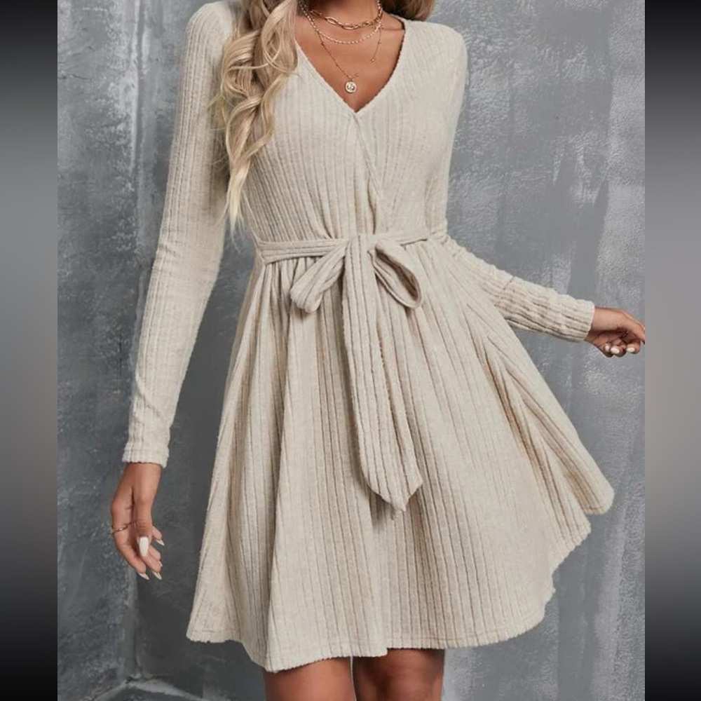 Solid V Neck Belted Dress
